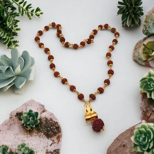 Om Trishul Damru Pendant With Rudraksha Mala