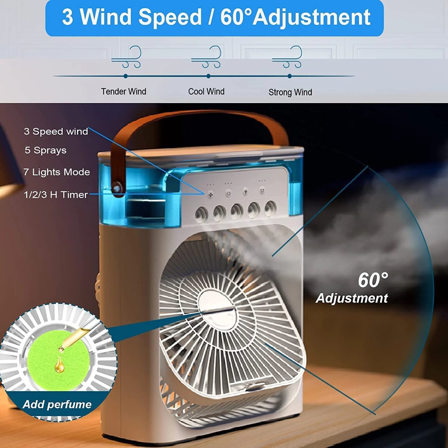 Portable Air Cooler Fan with Mist Spray & LED Light